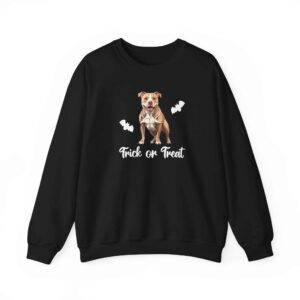 Halloween sweatshirt featuring a Pitbull mom and a chilling skeleton dog