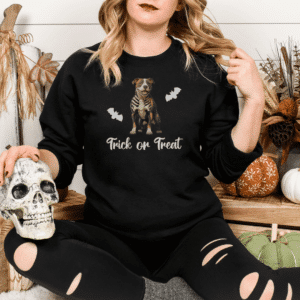 Halloween-themed Pitbull mom sweatshirt featuring a skeleton dog