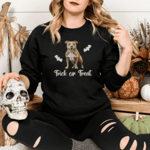 Pitbull mom Halloween sweatshirt featuring a creepy skeleton dog print