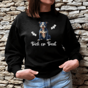 Halloween-themed Pitbull mom sweatshirt featuring a skeleton dog