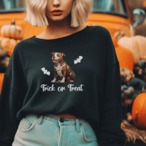 Sweatshirt for Pitbull moms with a Halloween-themed dog skeleton graphic