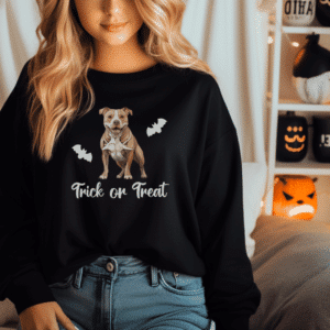 Spooky dog skeleton sweatshirt for Halloween, designed for Pitbull moms