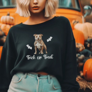 Pitbull mom Halloween sweatshirt featuring a skeleton dog design