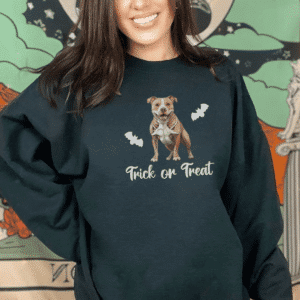 Sweatshirt for Halloween with Pitbull mom and skeleton dog illustration