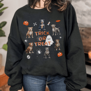 Dog lover Halloween sweatshirt with a Pitbull mom and skeleton dog graphic