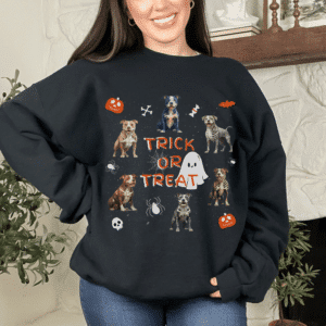 Halloween sweatshirt with a Pitbull mom and spooky skeleton dog design