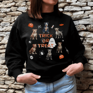 Pitbull mom’s Halloween sweatshirt with a spooky dog skeleton print